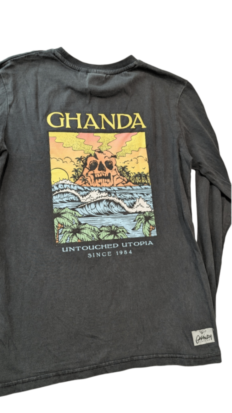 Ghanda Long-Sleeve T-Shirt, Charcoal/Yellow and pink graphic, 10